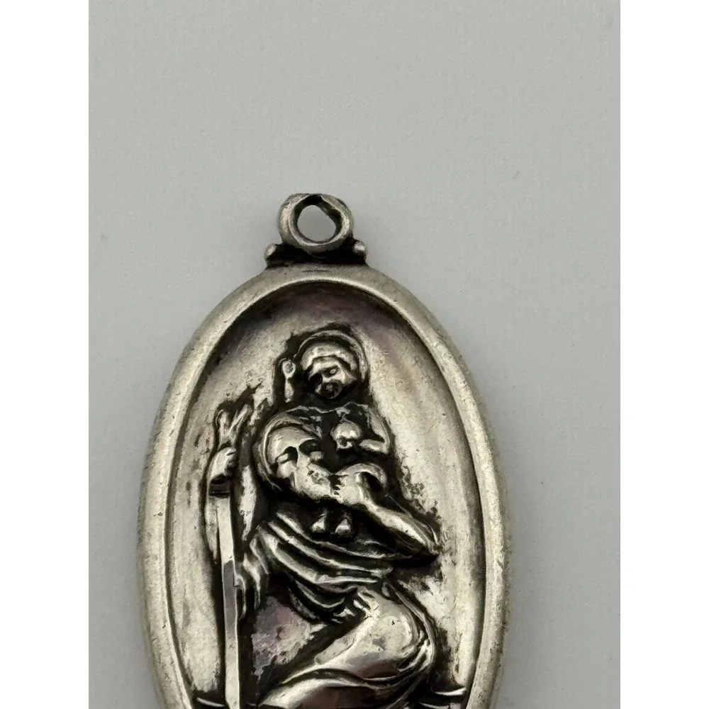 Vintage Theda Sterling Silver‎ Saint St Christopher Medal Pendant Oval Shape
